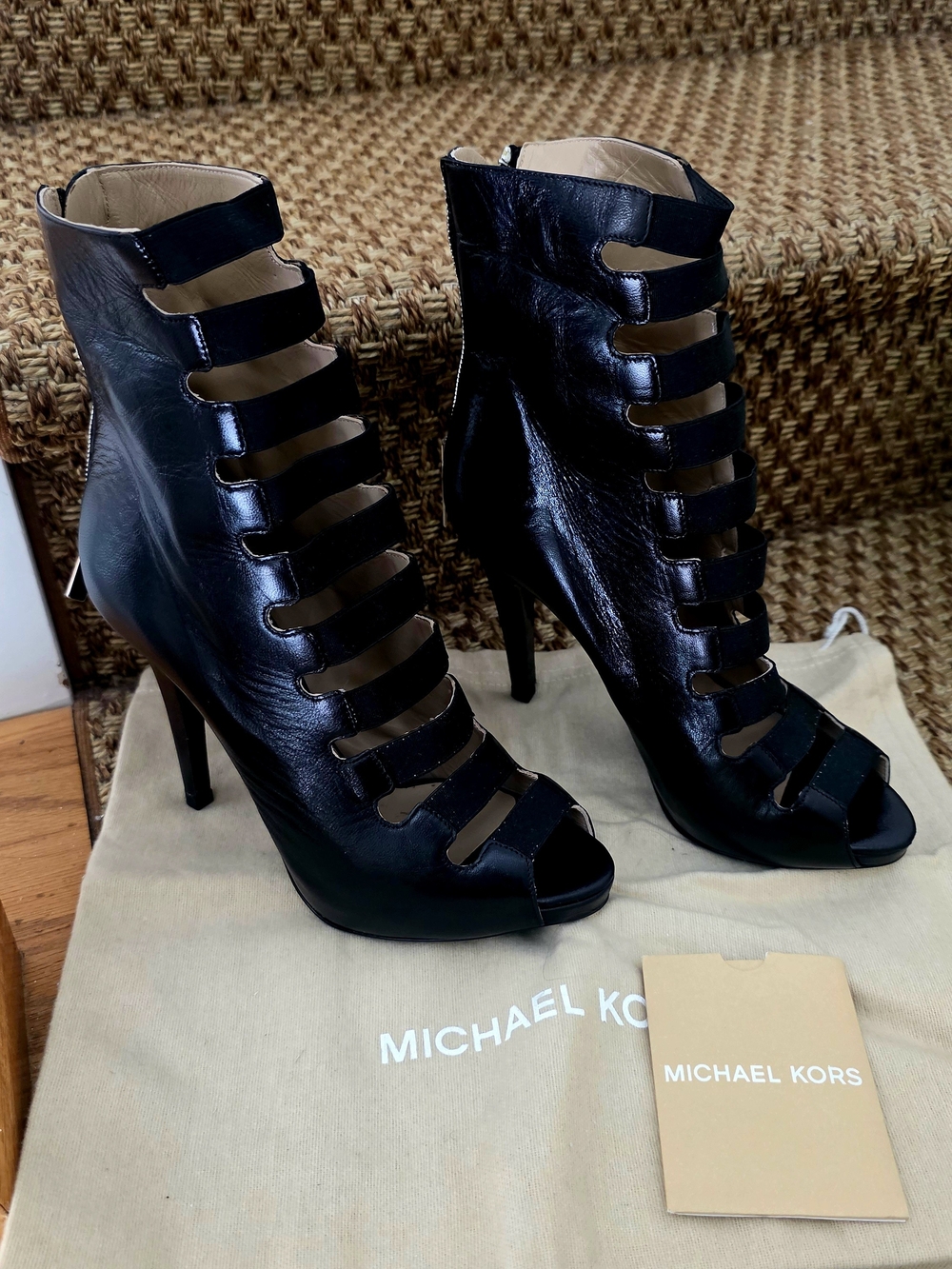 Michael Kors Black Strappy Peep-Toe Leather Ankle Booties. NWT.